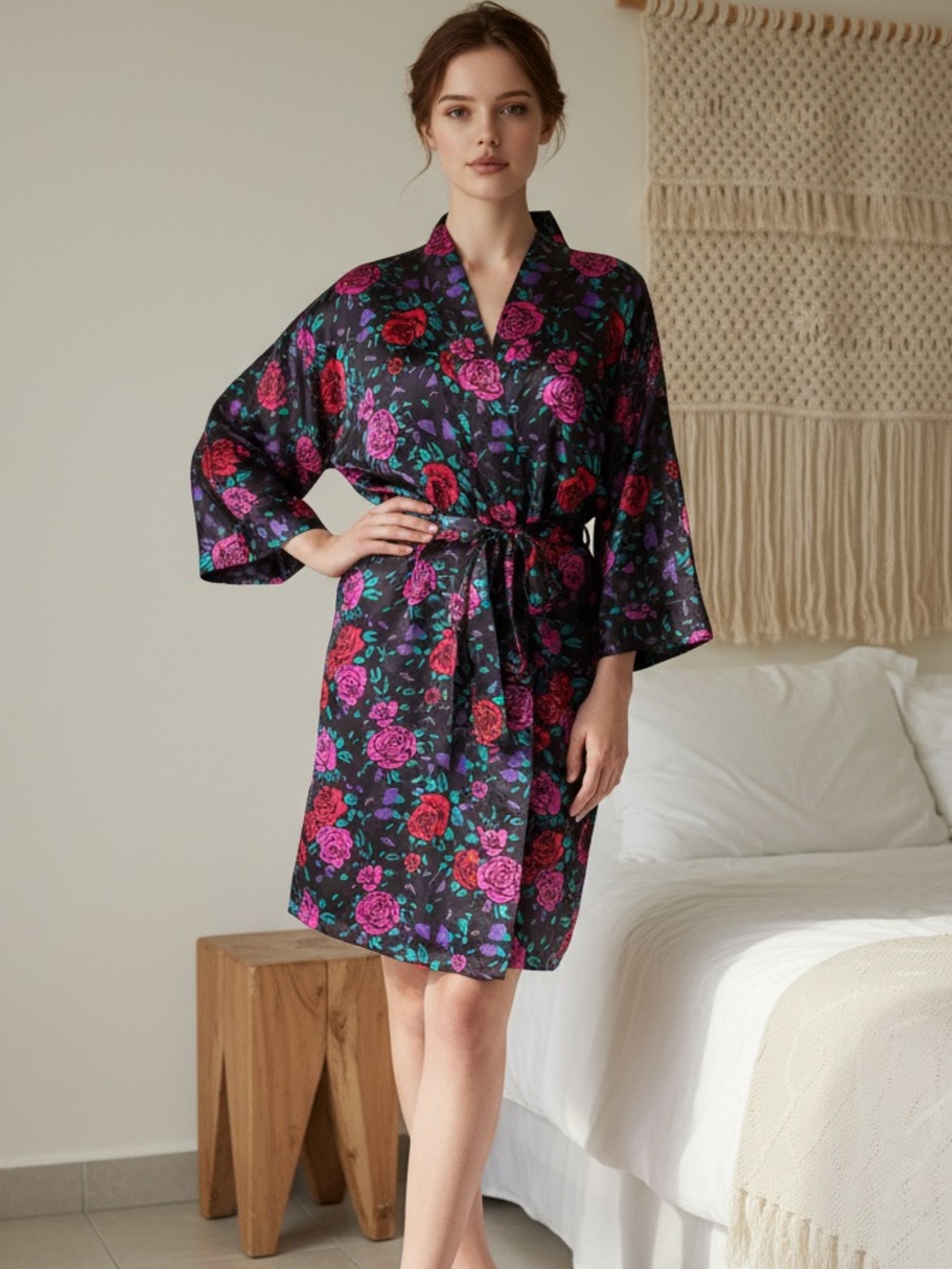 VINTAGE 80's 100% Silk La Mouette Jewel Tone Satin Floral Kimono Robe